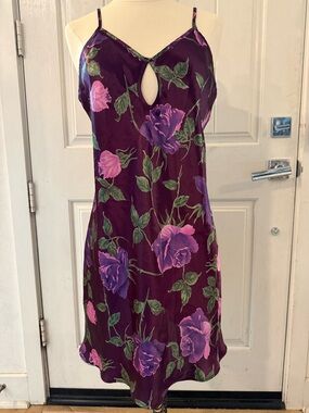Vintage Y2K Purple Floral rose Satin Slip Dress Grunge Fairycore Mini keyhole M